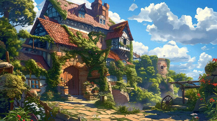 Wall Mural - Medieval Environment Illustration. Beautiful 4K vintage town, vibrant colors. Generative AI