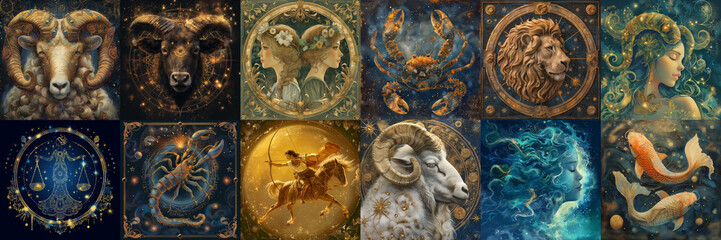 astrological zodiac signs. aries, taurus, leo and gemini horoscope, virgo, scorpio, libra, aquarius 