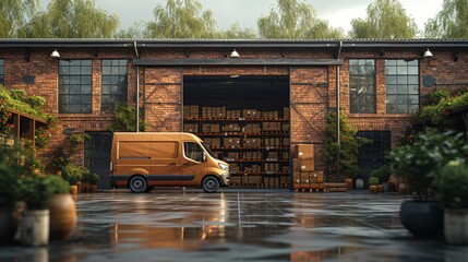 Aufkleber - a delivery van loaded with cardboard boxes stands outside a logistics warehouse. online orders, purc