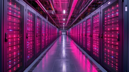 Fototapete - An interior shot of a working data center with rack servers and supercomputers and a high internet projection.