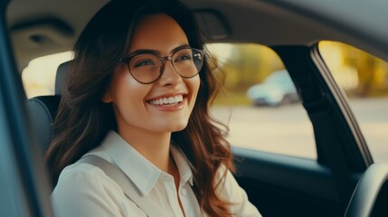 Smiling beautiful successful woman, businesswoman driving a new car.