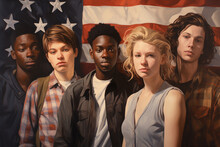 Painting Of A Diverse Group Of Teen Students In Front Of Usa Flag: The New Faces Of America
