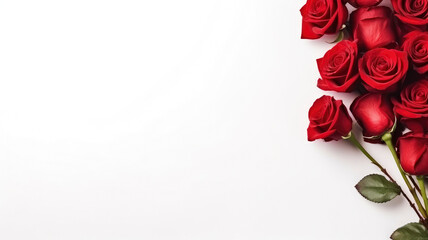 Wall Mural - composition of a bouquet of red roses flowers, top view with copy space on a white background