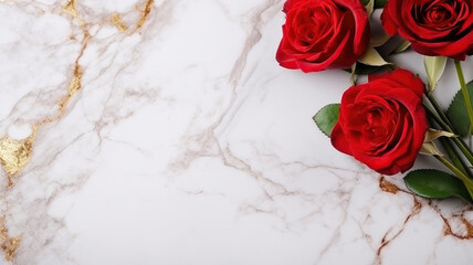 Wall Mural - composition of a bouquet of red roses flowers, top view with copy space on a light golden marble surface