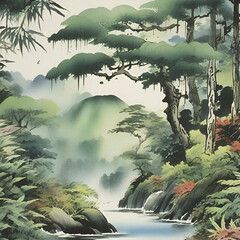 Wall Mural - Watercolor paintings of the rainforest in the style of traditional Japanese paintings.