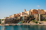 Fototapeta Tęcza - Bastia panoramic view of Porto Vecchio harbor, Corsica island, France. Old town with colorful facade and fortress beautiful coastline.