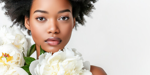 Beautiful afro american woman with fresh clean skin on white background with white peony flowers with copy space. Face care, cosmetology, beauty treatment and spa concept.