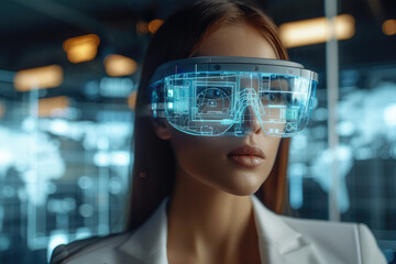 Fototapete - Augmented reality that shows on the screen of a pair of glasses that a woman is wearing, the glasses show technical drawing. Generative AI.