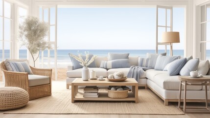 Wall Mural - beautiful small space casual living family room soft neutral wood beams  and a gorgeous grouping of swivel color fabric chairs around a striking coffee table coastal design nature freshness home