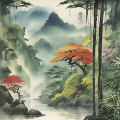 Wall Mural - Watercolor paintings of the rainforest in the style of traditional Japanese paintings.