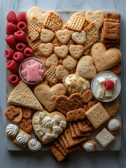 Poster - A heart shaped crackers and other items. top view. Generative AI.
