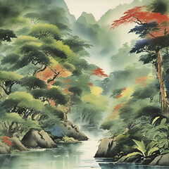 Wall Mural - Watercolor paintings of the rainforest in the style of traditional Japanese paintings.