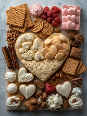 Poster - A heart shaped crackers and other items. top view. Generative AI.