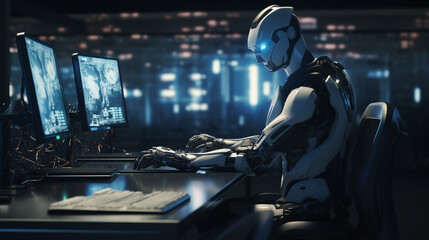 Poster - modern futuristic AI robot working on cyber security, artificial intelligence cyber tech, AI replacing human concept illustration, future of AI, robot working on computer