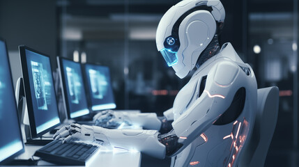 Poster - modern futuristic AI robot working on cyber security, artificial intelligence cyber tech, AI replacing human concept illustration, future of AI, robot working on computer