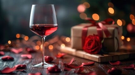 Poster - Valentine's day gift and red wine in glass with copy space, dark background. Generative AI.