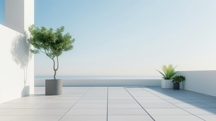 Wall Mural - Empty balcony or roof terrace with potted plants. Relaxation, enjoying peaceful moments interior concept.