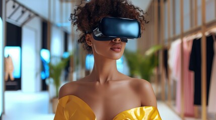 Poster - A woman wear Virtual Vr, Embarking on a vision to provide a fashion experience that transcends physical boundaries through virtual reality. offer users a shopping experience filled. Generative AI.