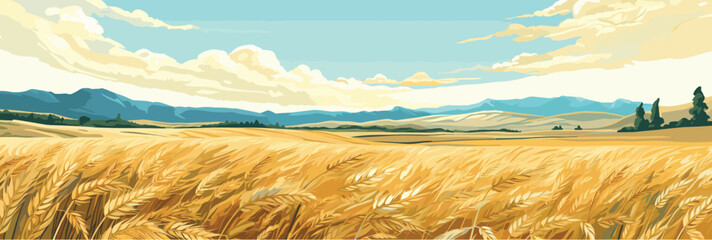 Sunny day rural countryside landscape with wheat fields, panorama vector illustration, agriculture scene