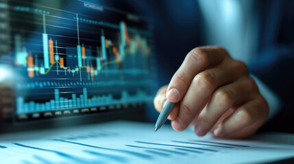 Fototapete - Close up hand business man point on graph stock, financial background. Generative AI.