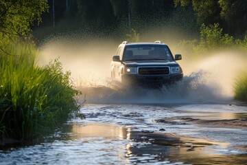 Wall Mural - suv crossing a shallow river with splashing water