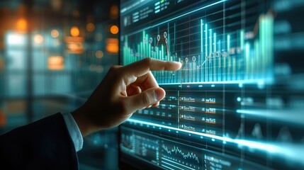 Aufkleber - Hand of person touching a transparent monitor screen showing a profit growth chart is developing a business investment plan. The financial plan ensures the company continued growth. Generative AI.