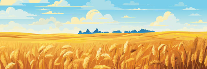 Sunny day rural countryside landscape with wheat fields, panorama vector illustration, agriculture scene