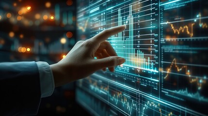 Aufkleber - Hand of person touching a transparent monitor screen showing a profit growth chart is developing a business investment plan. The financial plan ensures the company continued growth. Generative AI.