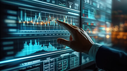 Wall Mural - Hand of person touching a transparent monitor screen showing a profit growth chart is developing a business investment plan. The financial plan ensures the company continued growth. Generative AI.