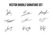 Handwritten fake signature set. Collection of vector fictitious autograph doodles on K letter. Business documentation lettering.