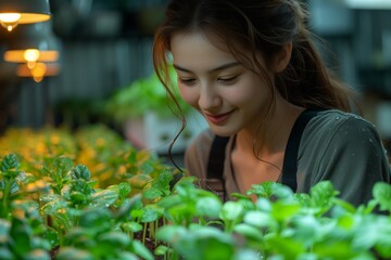 Wall Mural - Young woman grow green tomato seedling in tray.  seedlings under grow Led lights.