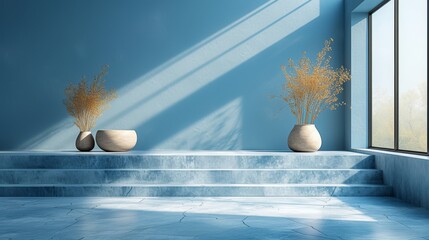 Aufkleber - An empty podium on a blue background with shadows and light. A mockup for presenting a product.
