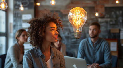 Wall Mural - Woman Sitting in Front of Laptop Computer With Light Bulb Above Her Head