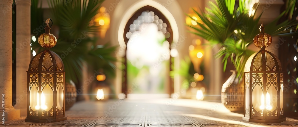 Ramadan Kareem: abstract Islamic interior with lanterns, arches, doors ...
