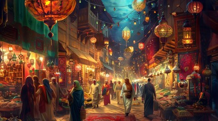 Wall Mural - Ramadan Kareem: abstract Islamic interior with lanterns, arches, doors and plants