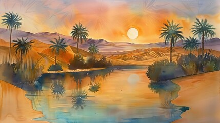 Wall Mural - Desert oasis at dawn with palm trees and water pool, watercolor painting on paper, Ramadan artwork