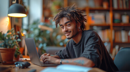 Aufkleber - A young man sitting at a desk in front of a laptop. Generative AI.