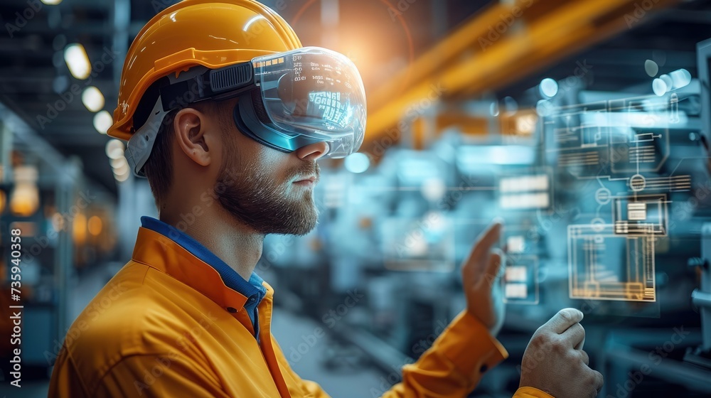 Engineer using smart glasses with augmented mixed with virtual reality ...
