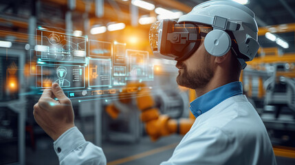 Aufkleber - Engineer using smart glasses with augmented mixed with virtual reality technology to monitoring machine in real time. working in smart factory. Generative AI.
