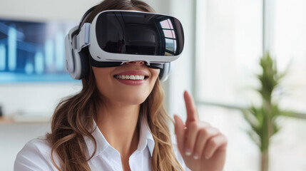 Poster - Virtual Reality Experience, Woman Employee Psychologist In Virtual Goggles. Generative AI. Generative AI.