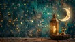 Eid-ul-adha festival celebration: Arabic Ramadan lantern illuminating wooden table with crescent moon and stars decoration