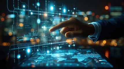 Poster - Man using his finger to touch screen with business graph showing up virtual screen. New startup ideas and business growth concept. Generative AI.