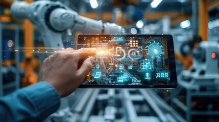 Fototapete - Engineer working tablet with Augmented reality screen software of automate wireless Robot arm in smart factory. Generative AI.