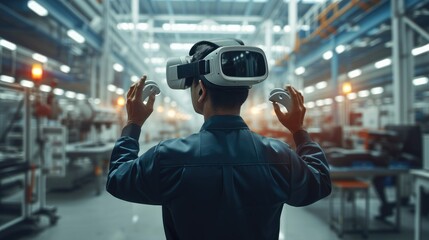 Poster - Industrial Design Engineer Wearing Virtual Reality Headset Working With Machinery At Modern Factory. Generative AI.