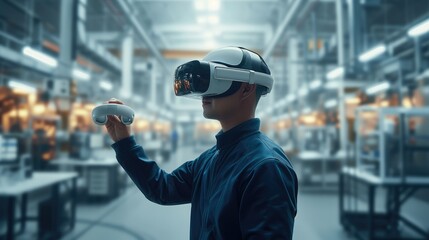 Poster - Industrial Design Engineer Wearing Virtual Reality Headset Working With Machinery At Modern Factory. Generative AI.