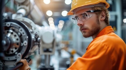 Fototapete - Engineer install and testing industry robotic in manufacturing. Digital manufacturing operation. Generative AI.