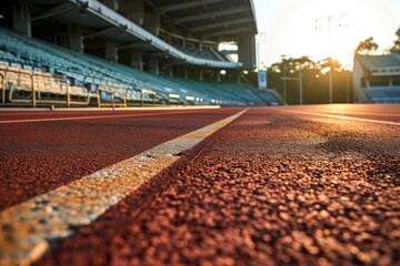 Wall Mural - Red running track at the track and field stadium, low angle. The rough pavement is delineated with white lines.