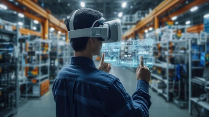 Canvas Print - Engineer use augmented mixed virtual reality to education and training Smart technology futuristic in industry 4.0, maintenance and site design. Generative AI.