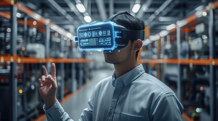 Poster - Engineer use augmented mixed virtual reality to education and training Smart technology futuristic in industry 4.0, maintenance and site design. Generative AI.
