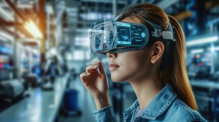 Aufkleber - Engineer woman use augmented mixed virtual reality to education and training, repairs and maintenance, smart technology futuristic in industry concept. Generative AI.